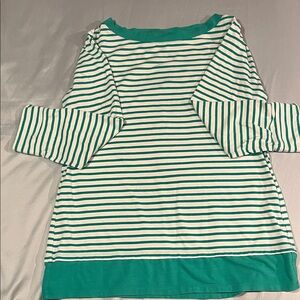 Susan Graver Weekend Green & White Striped Boat Neck Top Size Small 3/4 Sleeves